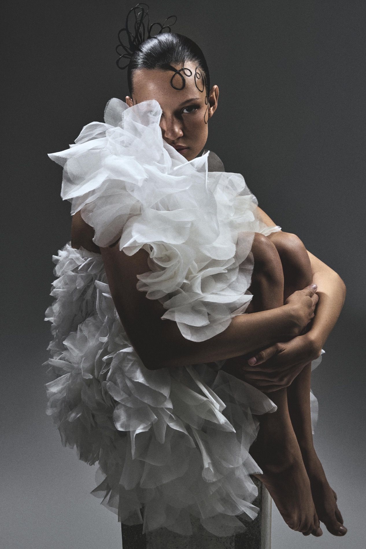 Couture editorial, white organza with sculptural ruffle